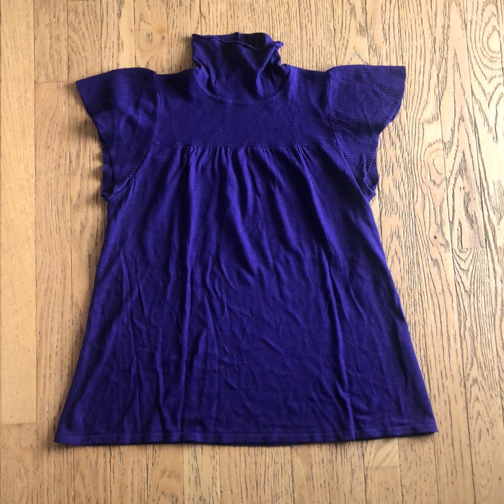 Anthro Eggplant purple. Cotton & cashmere. Turtleneck flutter short sleeves Lrg
